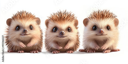 baby hedgehogs exploring sticker white background vibrant cartoon woodland adorable small tiny playful fun colors brown animated happy walking pose 