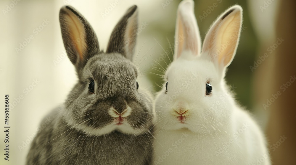 A pair of bunnies, one white and one gray, sitting side by side, with their noses twitching in unison. A pair of bunnies, one white and one gray, sitting side by side, with their noses twitching in unison.