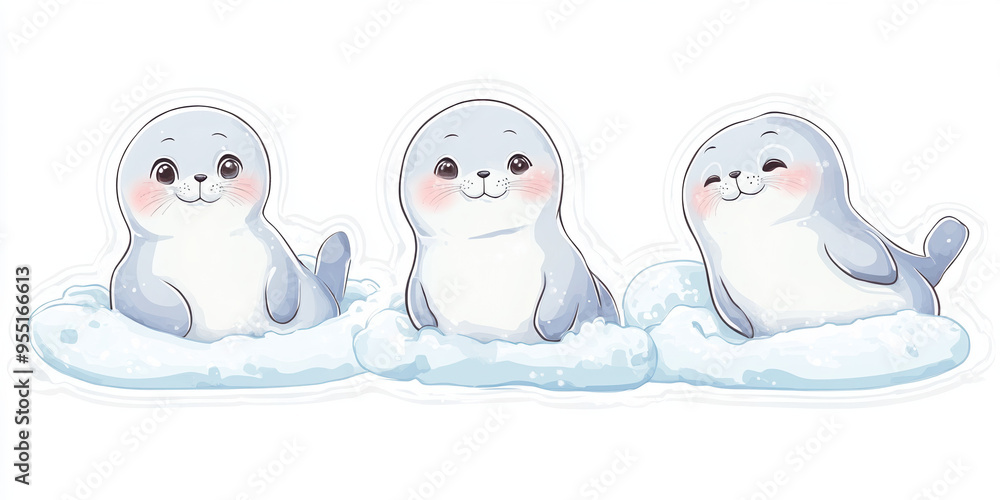 baby seals snow sticker white background cute kawaii colorful vibrant cartoon arctic winter adorable small animated happy snow scene cheerful baby seals snow sticker white background cute kawaii colorful vibrant cartoon arctic winter adorable small animated happy snow scene cheerful