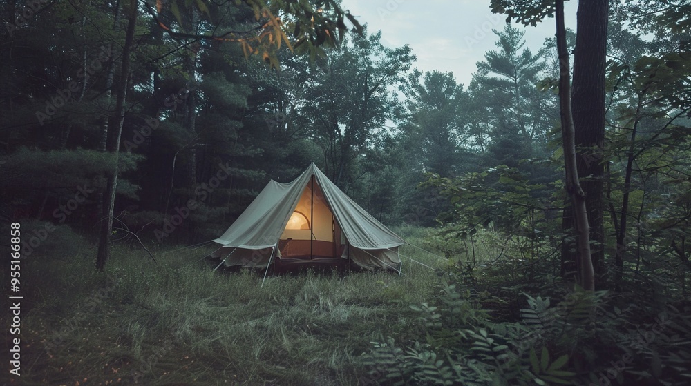 A canvas tent glows with warm light in a misty forest clearing. A canvas tent glows with warm light in a misty forest clearing.