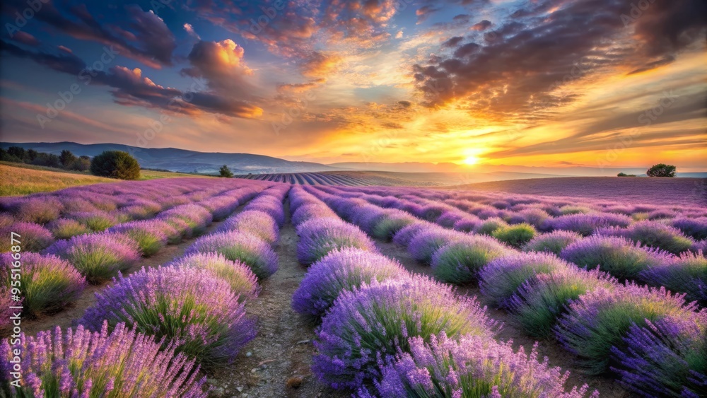 Panoramic view of a lavender landscape, soft gradient of purple and blue hues, sweeping curves, high-angle shot, tranquil mood, golden hour lighting, a realistic photo image. Panoramic view of a lavender landscape, soft gradient of purple and blue hues, sweeping curves, high-angle shot, tranquil mood, golden hour lighting, a realistic photo image.