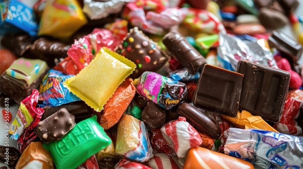 A pile of candy bars and chocolates in colorful wrappers, scattered across a white table. A pile of candy bars and chocolates in colorful wrappers, scattered across a white table.