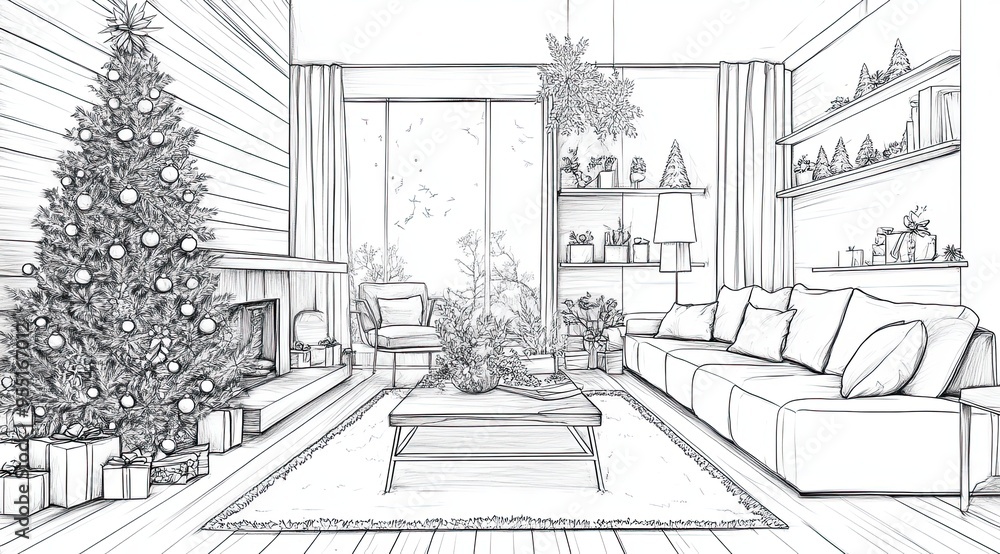 Fototapeta premium This black-and-white sketch illustrates a cozy, modern living room during the Christmas season. A beautifully decorated tree stands by the fireplace, surrounded by gifts, while minimalistic furniture