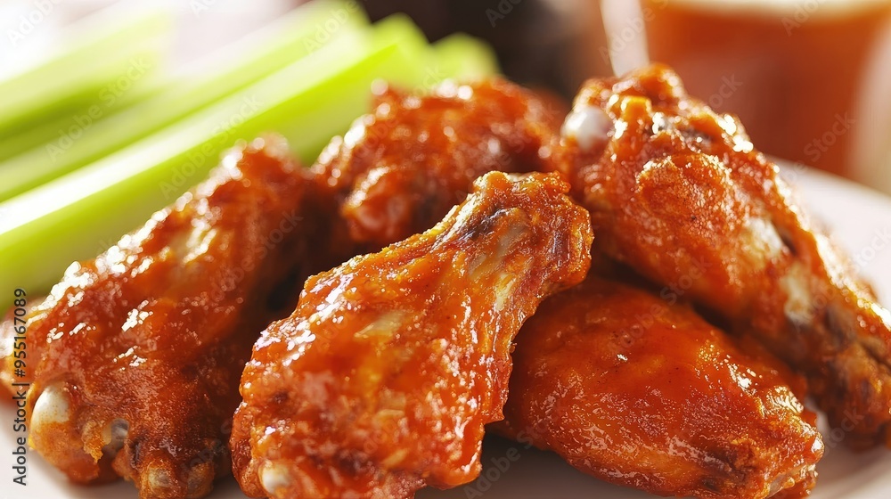 A pile of spicy buffalo chicken wings served with blue cheese dressing and celery sticks. A pile of spicy buffalo chicken wings served with blue cheese dressing and celery sticks.