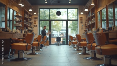 Modern Barbershop Interior with Leather Chairs