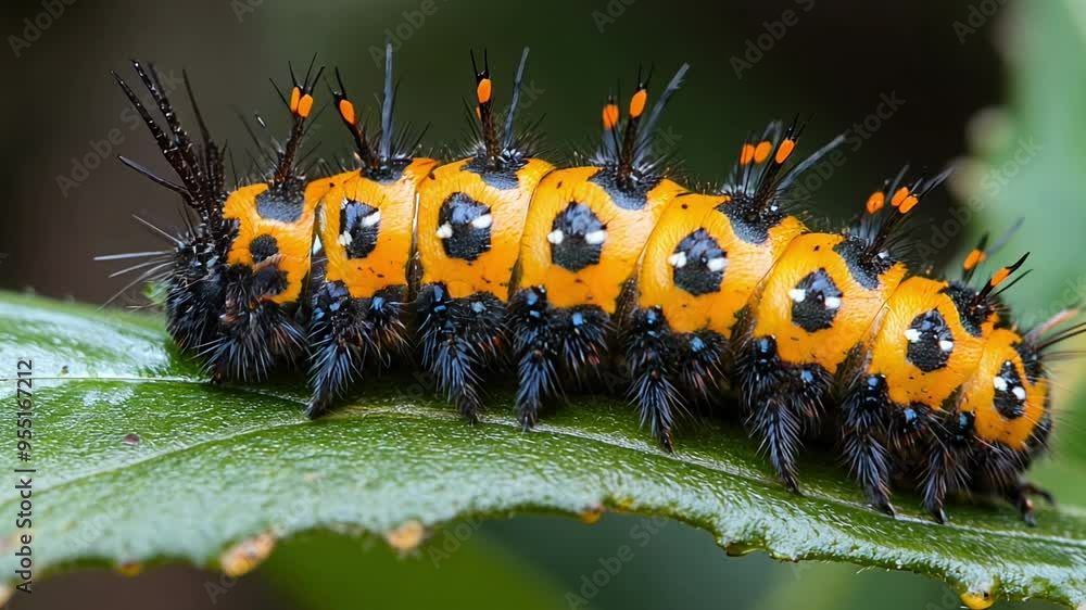 A vibrant caterpillar with striking orange and black patterns crawls along a green leaf, showcasing its unique markings in a lush environment. A vibrant caterpillar with striking orange and black patterns crawls along a green leaf, showcasing its unique markings in a lush environment.