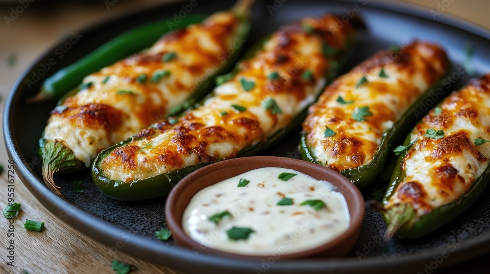 A plate of spicy jalapeo poppers stuffed with cheese, served with a side of creamy ranch dipping sauce. A plate of spicy jalapeo poppers stuffed with cheese, served with a side of creamy ranch dipping sauce.
