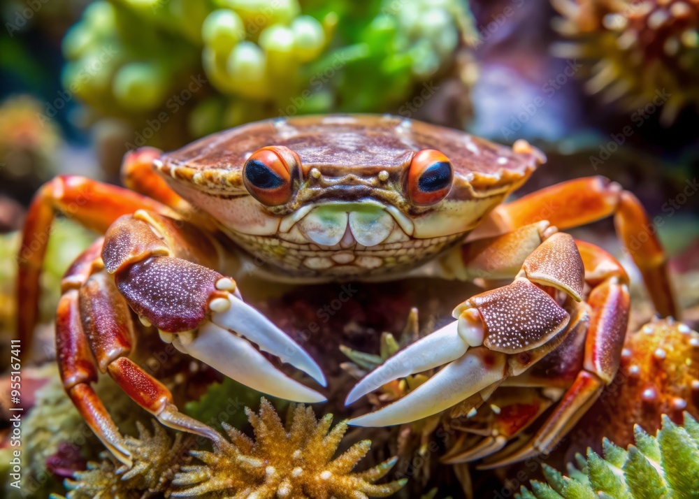 A close-up of Scylla serrata, a prized species of tropical crab, emphasizes its distinctive serrated edges and striking A close-up of Scylla serrata, a prized species of tropical crab, emphasizes its distinctive serrated edges and striking