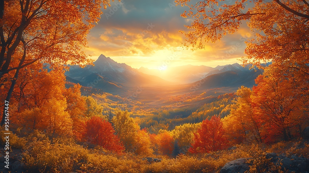 A tranquil autumn scene with a breathtaking view of a mountain range, framed by trees in full fall colors. The soft, A tranquil autumn scene with a breathtaking view of a mountain range, framed by trees in full fall colors. The soft,