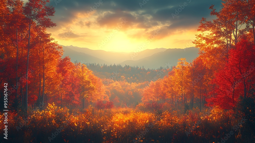 A tranquil autumn scene with a mountain range in the distance, framed by trees in vibrant shades of red, orange, and yellow. The soft, A tranquil autumn scene with a mountain range in the distance, framed by trees in vibrant shades of red, orange, and yellow. The soft,