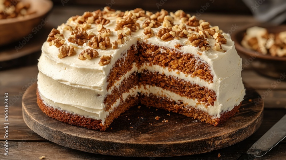 A rustic carrot cake topped with cream cheese frosting and chopped walnuts, with a soft, warm texture visible from the cut slice. A rustic carrot cake topped with cream cheese frosting and chopped walnuts, with a soft, warm texture visible from the cut slice.
