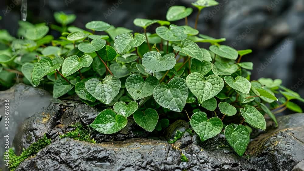 Heart-shaped green leaves thriving in a natural rocky environment Heart-shaped green leaves thriving in a natural rocky environment