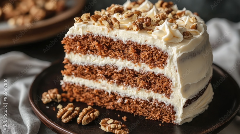 A rustic carrot cake topped with cream cheese frosting and chopped walnuts, with a soft, warm texture visible from the cut slice. A rustic carrot cake topped with cream cheese frosting and chopped walnuts, with a soft, warm texture visible from the cut slice.