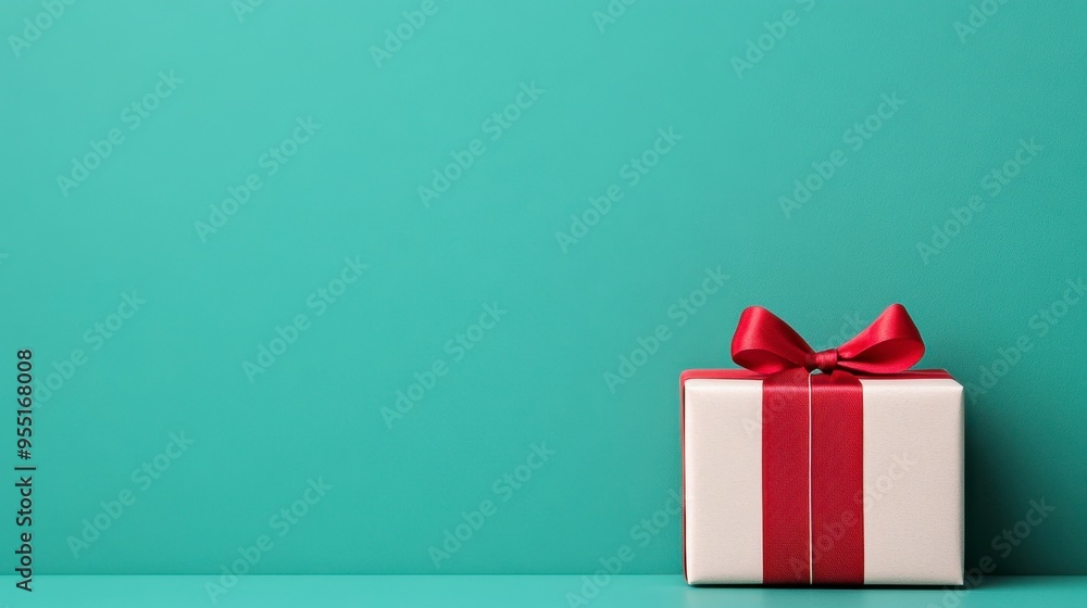 A beautifully wrapped gift with a red ribbon set against a calming teal background, perfect for celebrations and holidays. A beautifully wrapped gift with a red ribbon set against a calming teal background, perfect for celebrations and holidays.