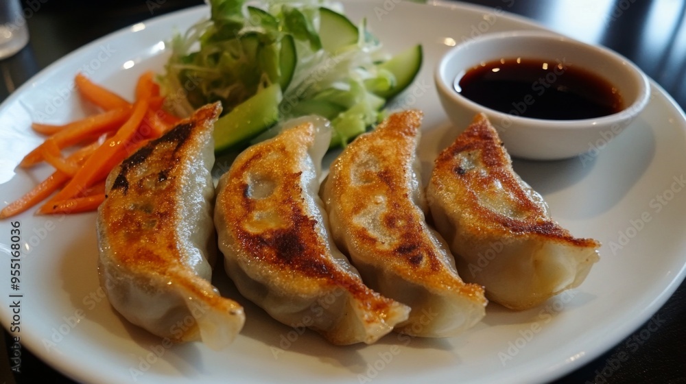 A plate of gyoza, crispy pan-fried dumplings filled with flavorful pork and vegetables, served with a side of soy dipping sauce. A plate of gyoza, crispy pan-fried dumplings filled with flavorful pork and vegetables, served with a side of soy dipping sauce.