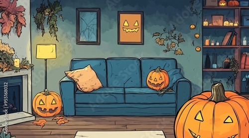 Halloween-themed living room, a sofa with pumpkins glowing brightly on and around it. The space is decorated with autumn leaves, a lit lantern, candles, and bookshelves, watercolor,cartoon style