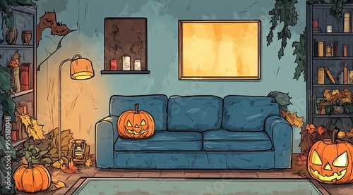 Halloween-themed living room, a sofa with pumpkins glowing brightly on and around it. The space is decorated with autumn leaves, a lit lantern, candles, and bookshelves, watercolor,cartoon style