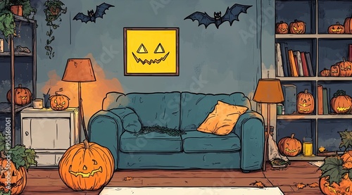 Halloween-themed living room, a sofa with pumpkins glowing brightly on and around it. The space is decorated with autumn leaves, a lit lantern, candles, and bookshelves, watercolor,cartoon style