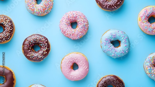 Colorful doughnuts on a blue background, top view, flat lay. Pattern of different shades and shapes with icing, sprinkles, and chocolate drizzle