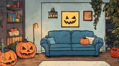 Halloween-themed living room, a sofa with pumpkins glowing brightly on and around it. The space is decorated with autumn leaves, a lit lantern, candles, and bookshelves, watercolor,cartoon style