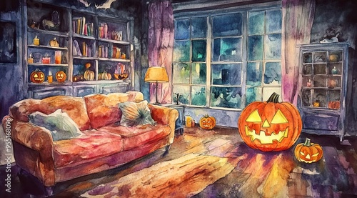 Halloween-themed living room, a sofa with pumpkins glowing brightly on and around it. The space is decorated with autumn leaves, a lit lantern, candles, and bookshelves, watercolor,cartoon style