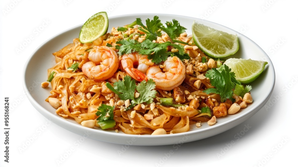 A plate of Pad Thai with shrimp, peanuts, and lime wedges, garnished with fresh herbs, set against a clean white background. A plate of Pad Thai with shrimp, peanuts, and lime wedges, garnished with fresh herbs, set against a clean white background.