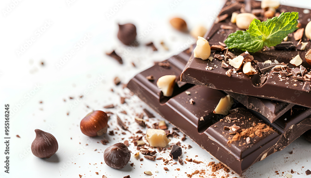 Chocolate with hazelnut and mint leaf isolated on white background Chocolate with hazelnut and mint leaf isolated on white background