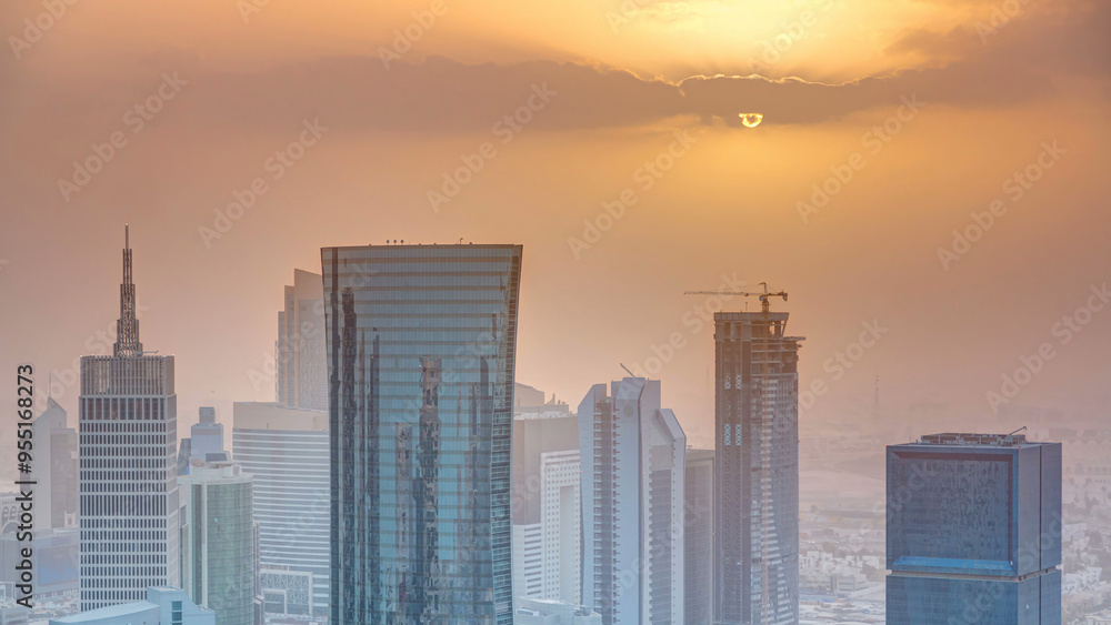 Skyscrapers at sunset timelapse in the skyline of commercial center of Doha, the capital Qatar Skyscrapers at sunset timelapse in the skyline of commercial center of Doha, the capital Qatar