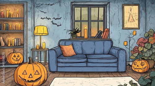 Halloween-themed living room, a sofa with pumpkins glowing brightly on and around it. The space is decorated with autumn leaves, a lit lantern, candles, and bookshelves, watercolor,cartoon style