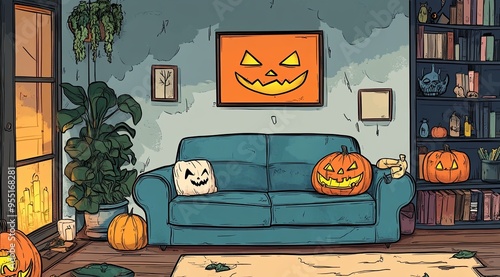 Halloween-themed living room, a sofa with pumpkins glowing brightly on and around it. The space is decorated with autumn leaves, a lit lantern, candles, and bookshelves, watercolor, cartoon style