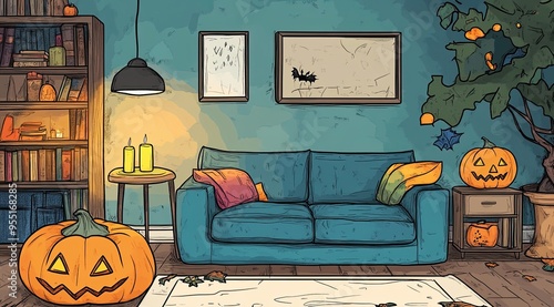 Halloween-themed living room, a sofa with pumpkins glowing brightly on and around it. The space is decorated with autumn leaves, a lit lantern, candles, and bookshelves, watercolor,cartoon style