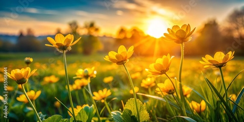 Chrome yellow flowers blooming in a lush green meadow, low-angle shot, golden hour lighting, peaceful and serene mood, a realistic photo image.