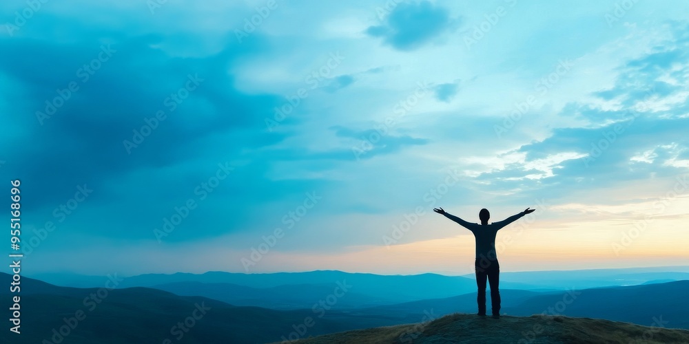 Silhouette of a Person at Sunset: Embracing Freedom and Repentance in a Majestic Mountain Landscape, with a Glowing Sky and Expansive Evening Shadow, Christian worship God in hope concept. Silhouette of a Person at Sunset: Embracing Freedom and Repentance in a Majestic Mountain Landscape, with a Glowing Sky and Expansive Evening Shadow, Christian worship God in hope concept.
