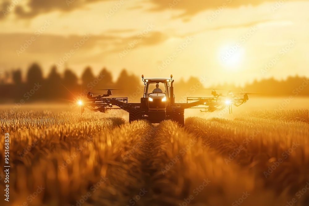 Fototapeta premium AI-powered farm with autonomous tractors and drones, AI agriculture, tech-enhanced farming practices