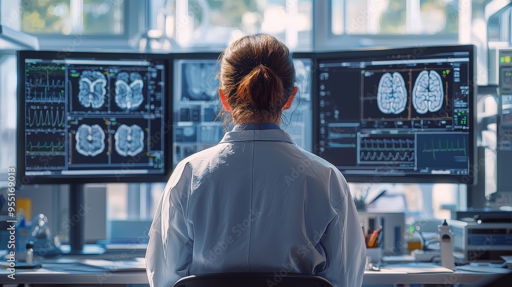 Back view of biomedical engineer analyzing brain scans on multiple monitors Back view of biomedical engineer analyzing brain scans on multiple monitors