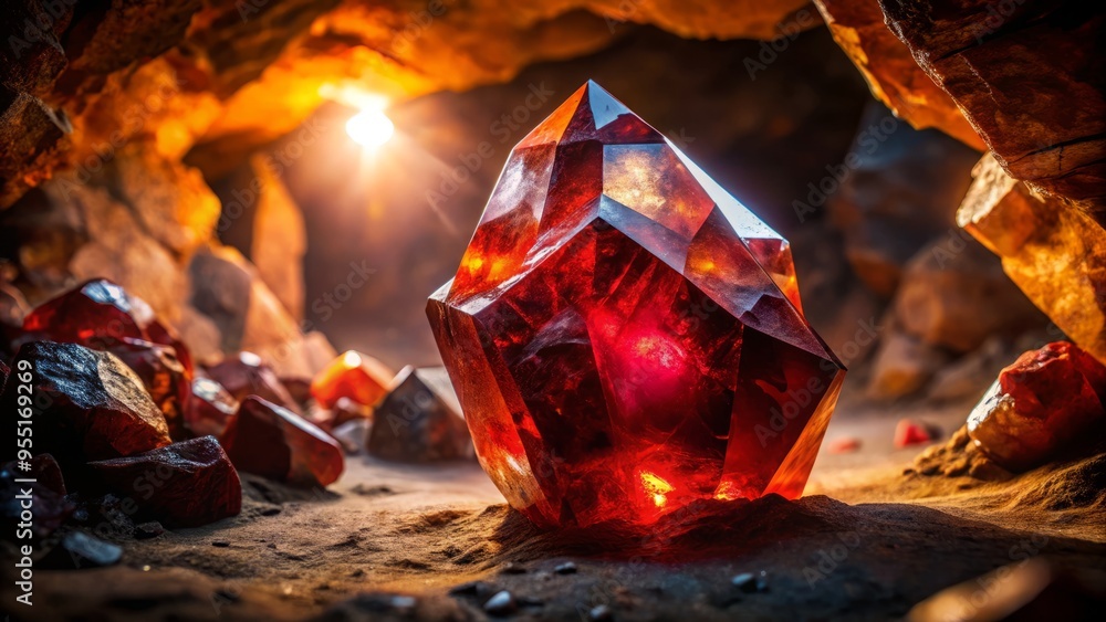 A large, garnet crystal formation within a dramatic, cavernous setting, viewed from a low angle, with high-contrast lighting, conveying a sense of awe and adventure, a realistic photo image. A large, garnet crystal formation within a dramatic, cavernous setting, viewed from a low angle, with high-contrast lighting, conveying a sense of awe and adventure, a realistic photo image.