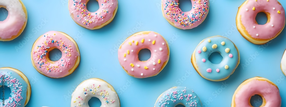 Colorful doughnuts on a blue background, top view, flat lay. Pattern of different shades and shapes with icing, sprinkles, and chocolate drizzle Colorful doughnuts on a blue background, top view, flat lay. Pattern of different shades and shapes with icing, sprinkles, and chocolate drizzle