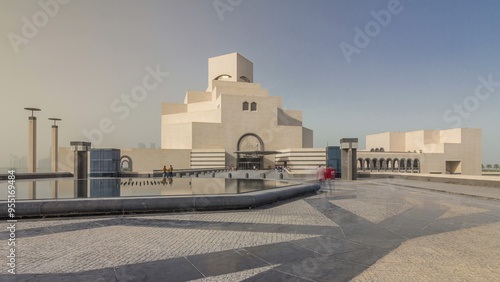 Qatar's museum of Islamic Art timelapse hyperlapse on its man-made island beside Doha Corniche photo