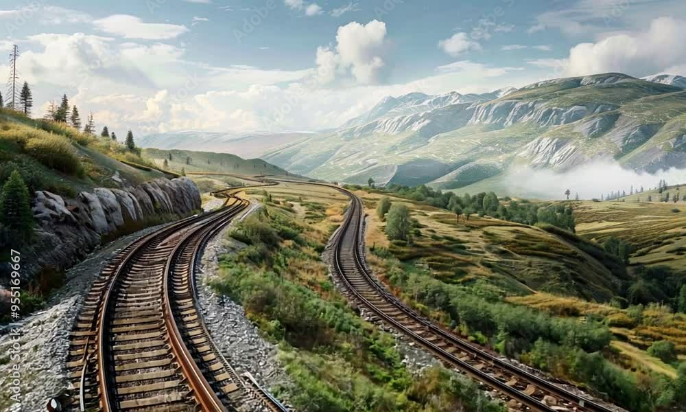 Scenic railway track cutting through a beautiful mountainous region with lush valleys and snow-capped peaks in the distance. Nature travel, breathtaking views, alpine landscape. Generative AI Scenic railway track cutting through a beautiful mountainous region with lush valleys and snow-capped peaks in the distance. Nature travel, breathtaking views, alpine landscape. Generative AI