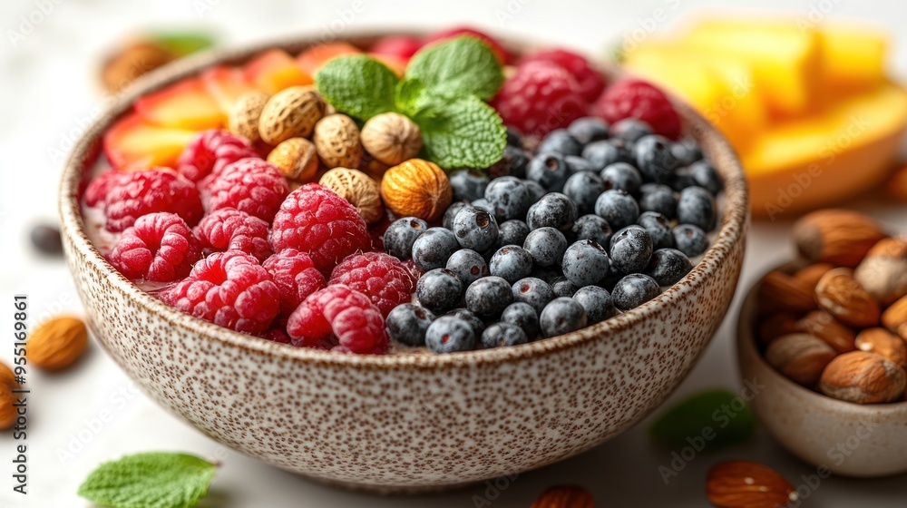 Fresh berries and nuts beautifully arranged in a rustic bowl, inviting healthy choices Fresh berries and nuts beautifully arranged in a rustic bowl, inviting healthy choices