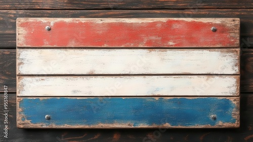 Rustic wooden board in red, white, and blue colors, perfect for patriotic themes and backgrounds.