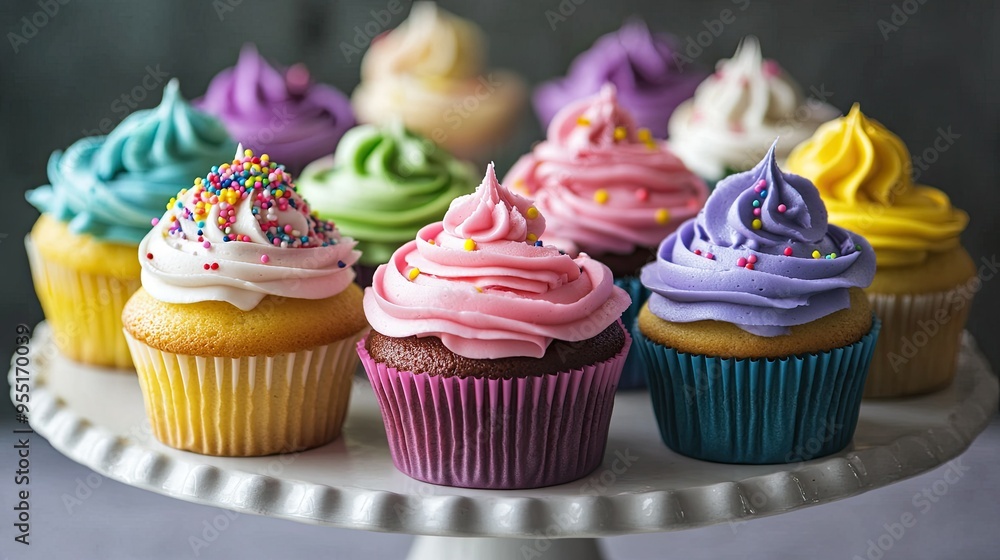 A variety of colorful cupcakes with different frosting designs and sprinkles, arranged on a cake stand. A variety of colorful cupcakes with different frosting designs and sprinkles, arranged on a cake stand.