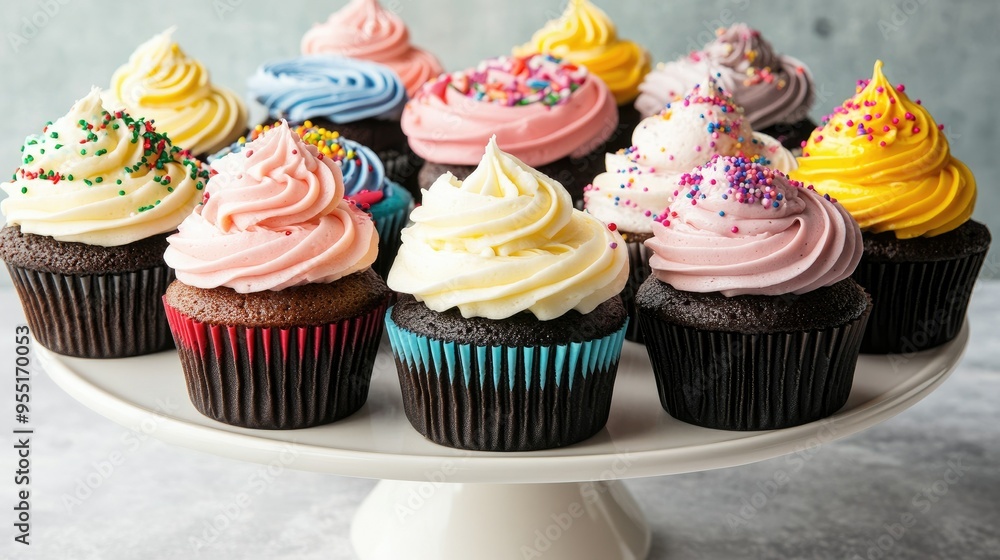 A variety of colorful cupcakes with different frosting designs and sprinkles, arranged on a cake stand. A variety of colorful cupcakes with different frosting designs and sprinkles, arranged on a cake stand.