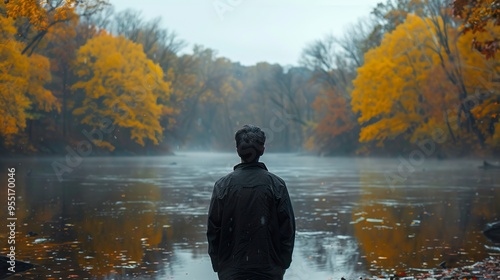 A lone figure stands at the edge of a misty lake, surrounded by vibrant autumn foliage.