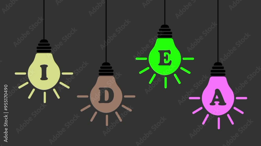 Many idea light bulbs brainstorming, ideas and creativity concept animation with flat design colorful lightbulb symbols turning on and glowing. Many idea light bulbs brainstorming, ideas and creativity concept animation with flat design colorful lightbulb symbols turning on and glowing.