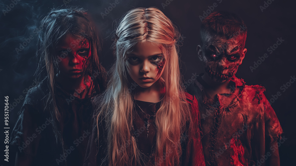 Obraz premium Children in modern cosplay of fantastic fictional movie characters in a Witcher costume for Halloween