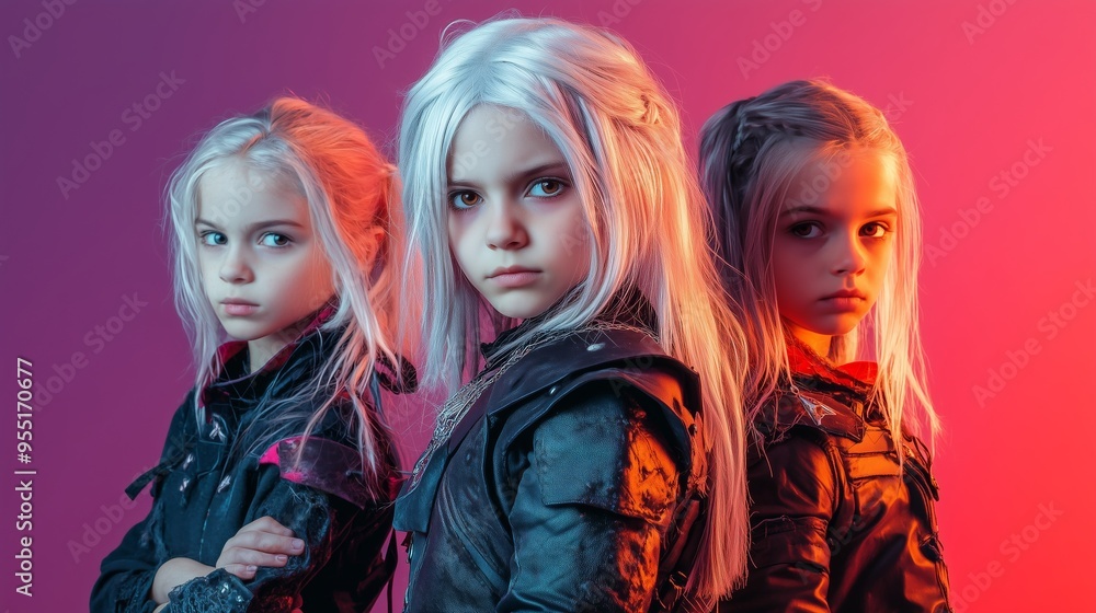 Obraz premium Children in modern cosplay of fantastic fictional movie characters in a Witcher costume for Halloween