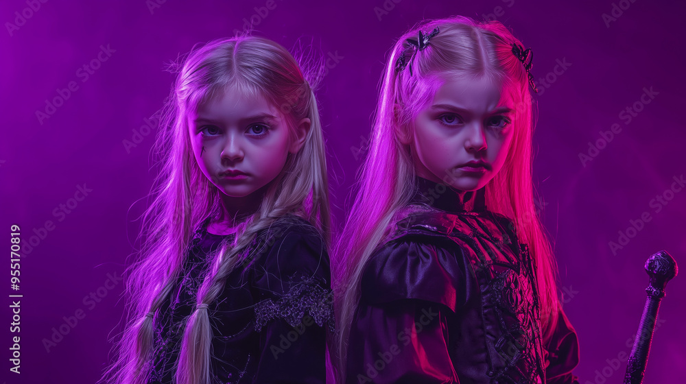 Children in modern cosplay of fantastic fictional movie characters in a Witcher costume for Halloween Children in modern cosplay of fantastic fictional movie characters in a Witcher costume for Halloween