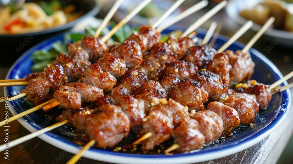 A plate of Thai street food featuring grilled skewers of meat marinated in a spicy chili and sugar glaze, a popular and flavorful snack. A plate of Thai street food featuring grilled skewers of meat marinated in a spicy chili and sugar glaze, a popular and flavorful snack.