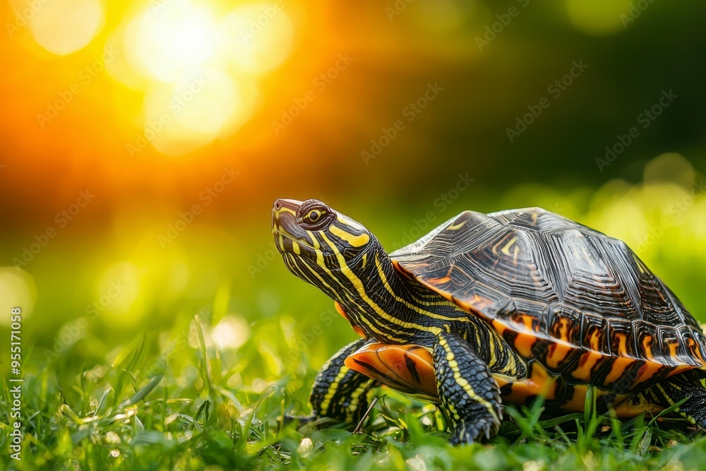 A Painted Turtle Basking in the Sunlit Grass A Painted Turtle Basking in the Sunlit Grass